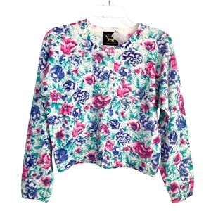 Women’s Floral Crewneck Button Cardigan - Pink, Purple & Teal